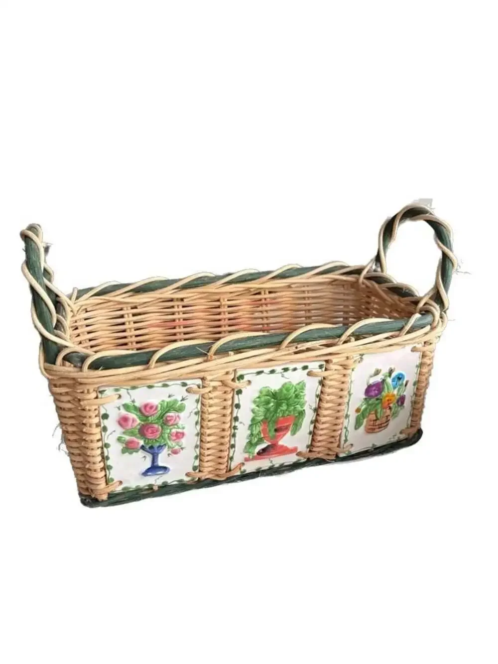 Vintage Woven Wicker Basket with Hand-Painted Floral Ceramic Tiles
